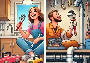 DALL·E 2024-10-03 09.54.47 - A split image depicting two scenarios_ On the left, a homeowner happily fixing a leaky faucet in their kitchen, equipped with tools and a DIY manual o DALL·E 2024-10-03 09.54.47 - A split image depicting two scenarios_ On the left, a homeowner happily fixing a leaky faucet in their kitchen, equipped with tools and a DIY manual o