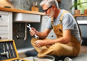 DALL·E 2024-10-03 10.02.15 - A cozy home setting showing a homeowner performing basic plumbing maintenance. The scene includes a middle-aged man tightening a pipe under a kitchen DALL·E 2024-10-03 10.02.15 - A cozy home setting showing a homeowner performing basic plumbing maintenance. The scene includes a middle-aged man tightening a pipe under a kitchen